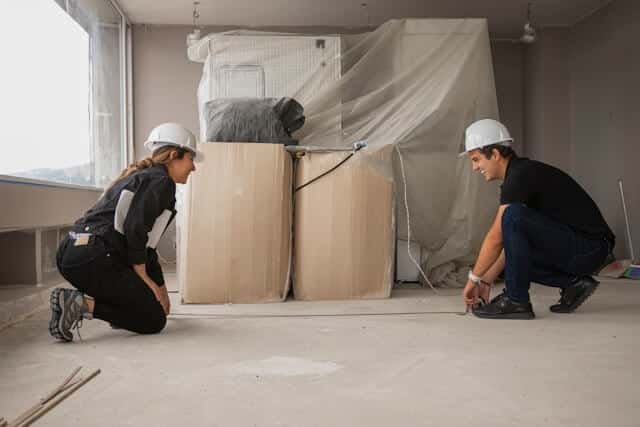 Builders measuring floor in construction site