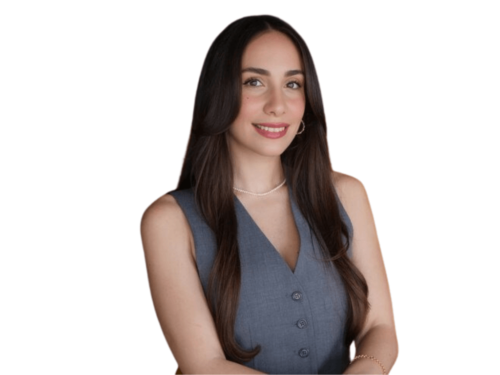 Smiling woman wearing sleeveless blue top
