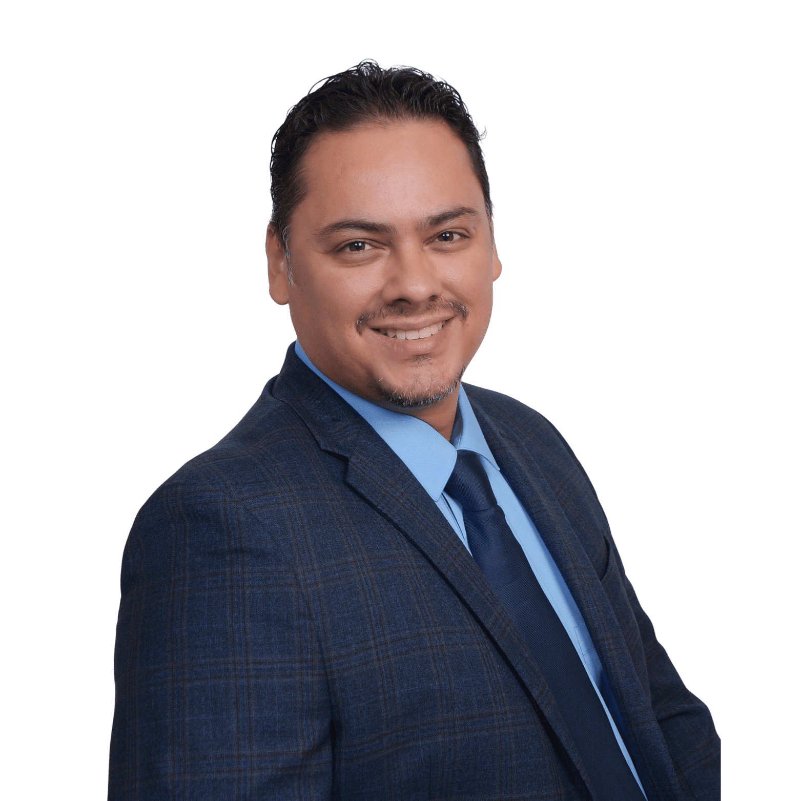 Smiling man in blue suit and tie